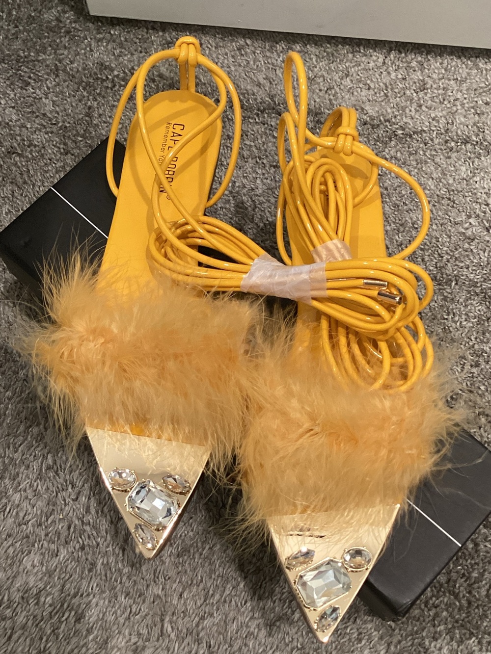 Cape Robbin Yellow Feather Lace-Up Pointed Heels with Crystal Caps